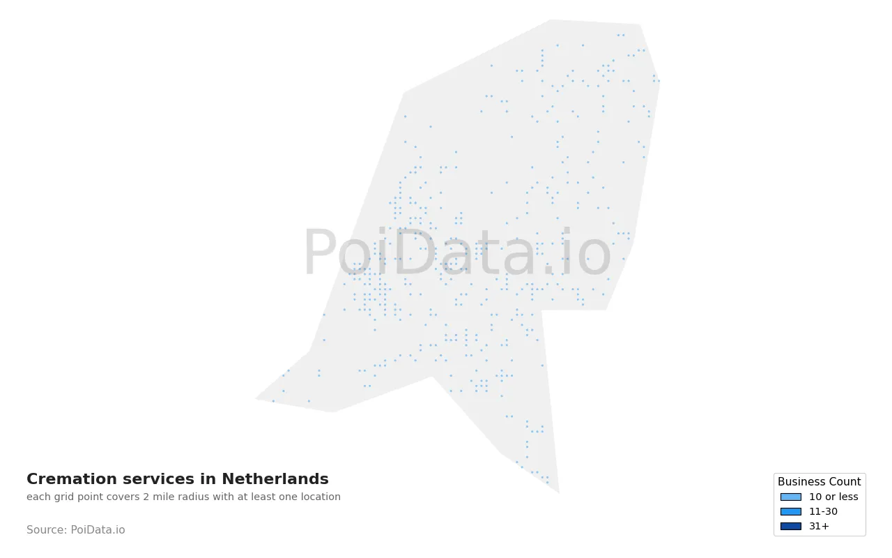 Cremation service density map for Netherlands