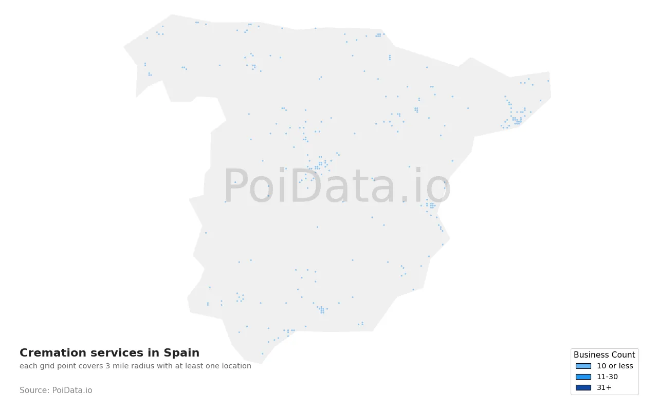 Cremation service density map for Spain