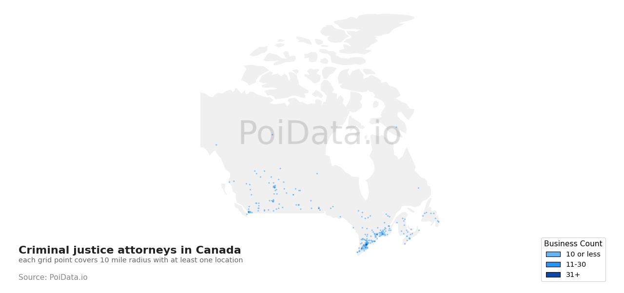 Criminal justice attorney density map for Canada