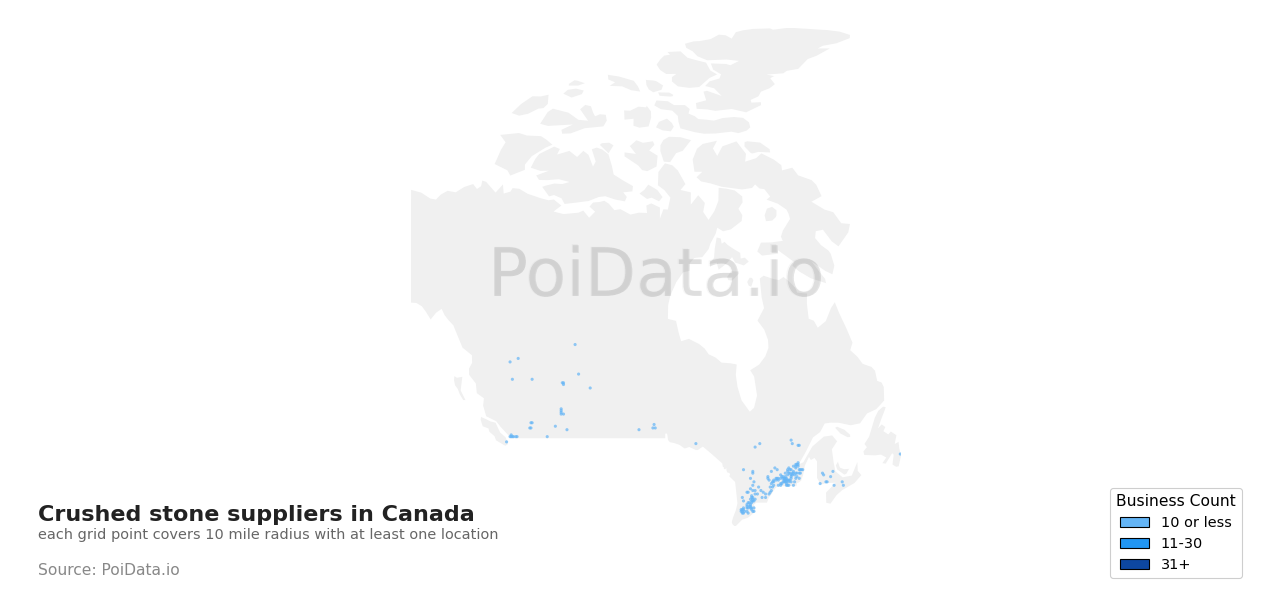 Crushed stone supplier density map for New Brunswick, Canada