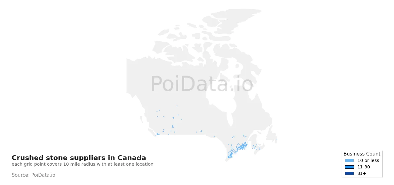 Crushed stone supplier density map for Canada