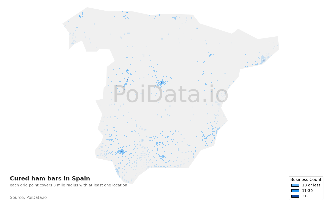 Cured ham bar density map for Spain