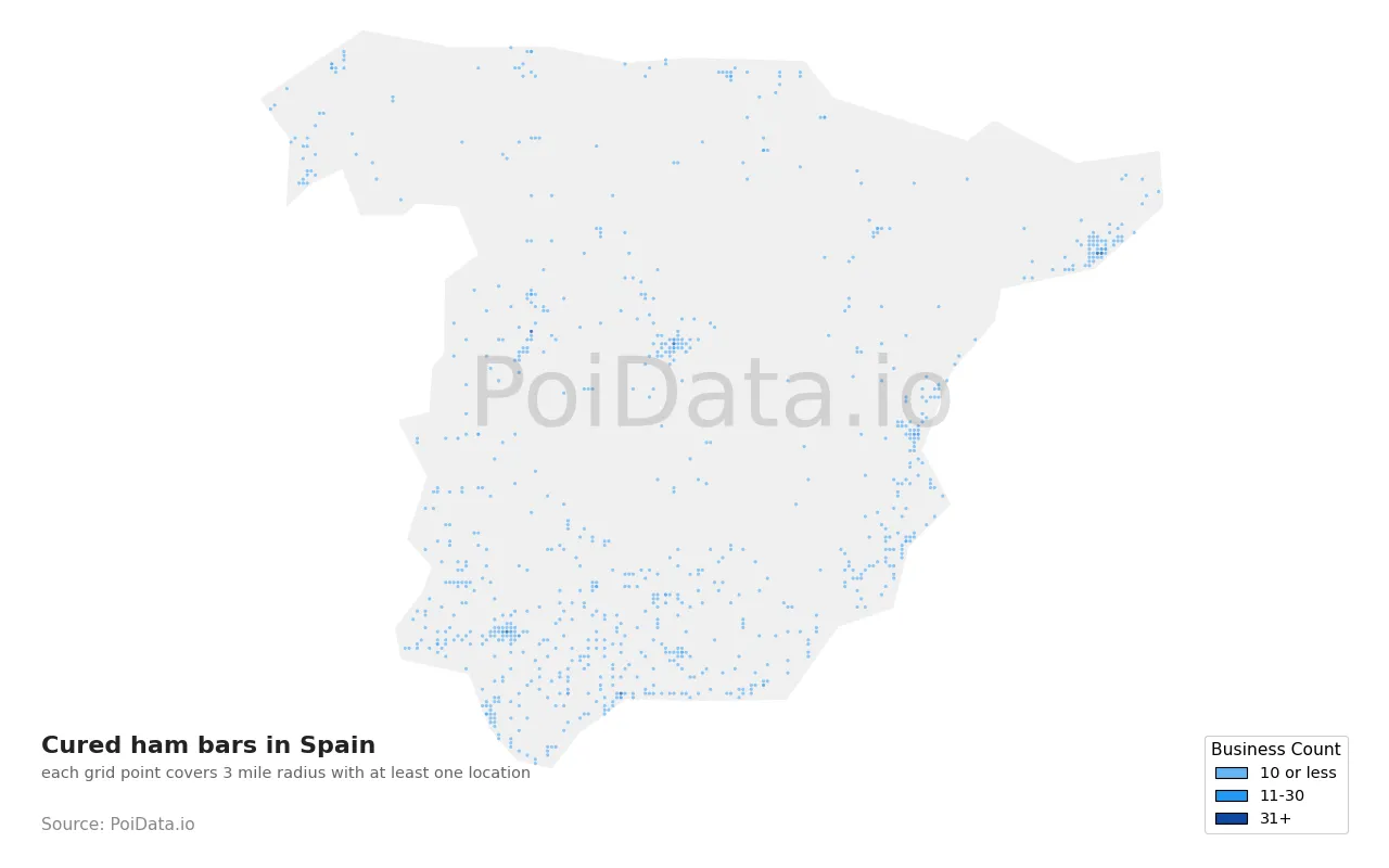 Cured ham bar density map for Spain