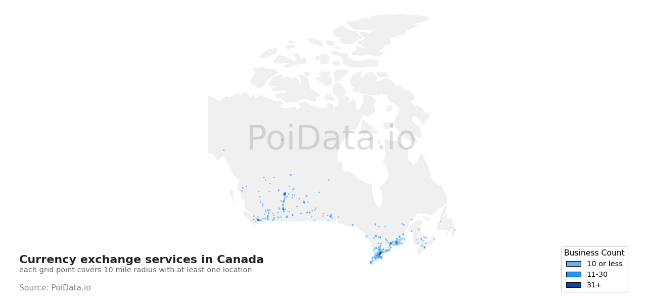 Currency exchange service density map for Canada