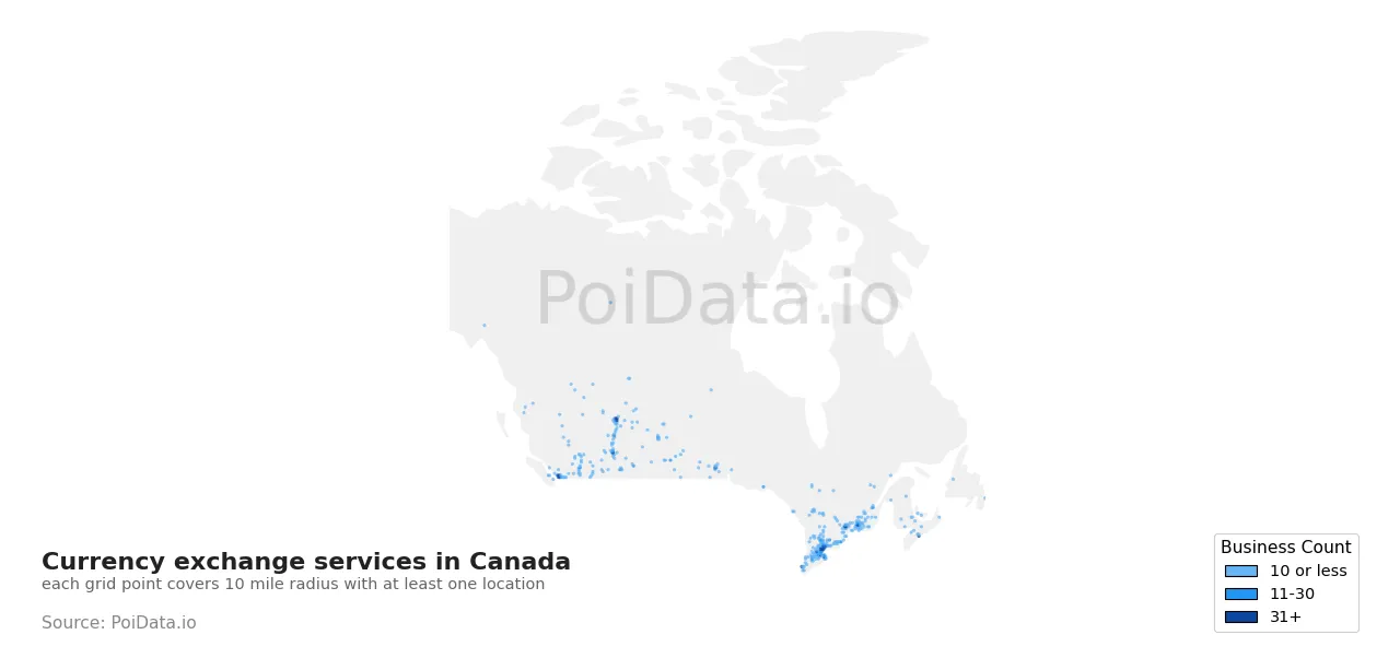 Currency exchange service density map for Canada