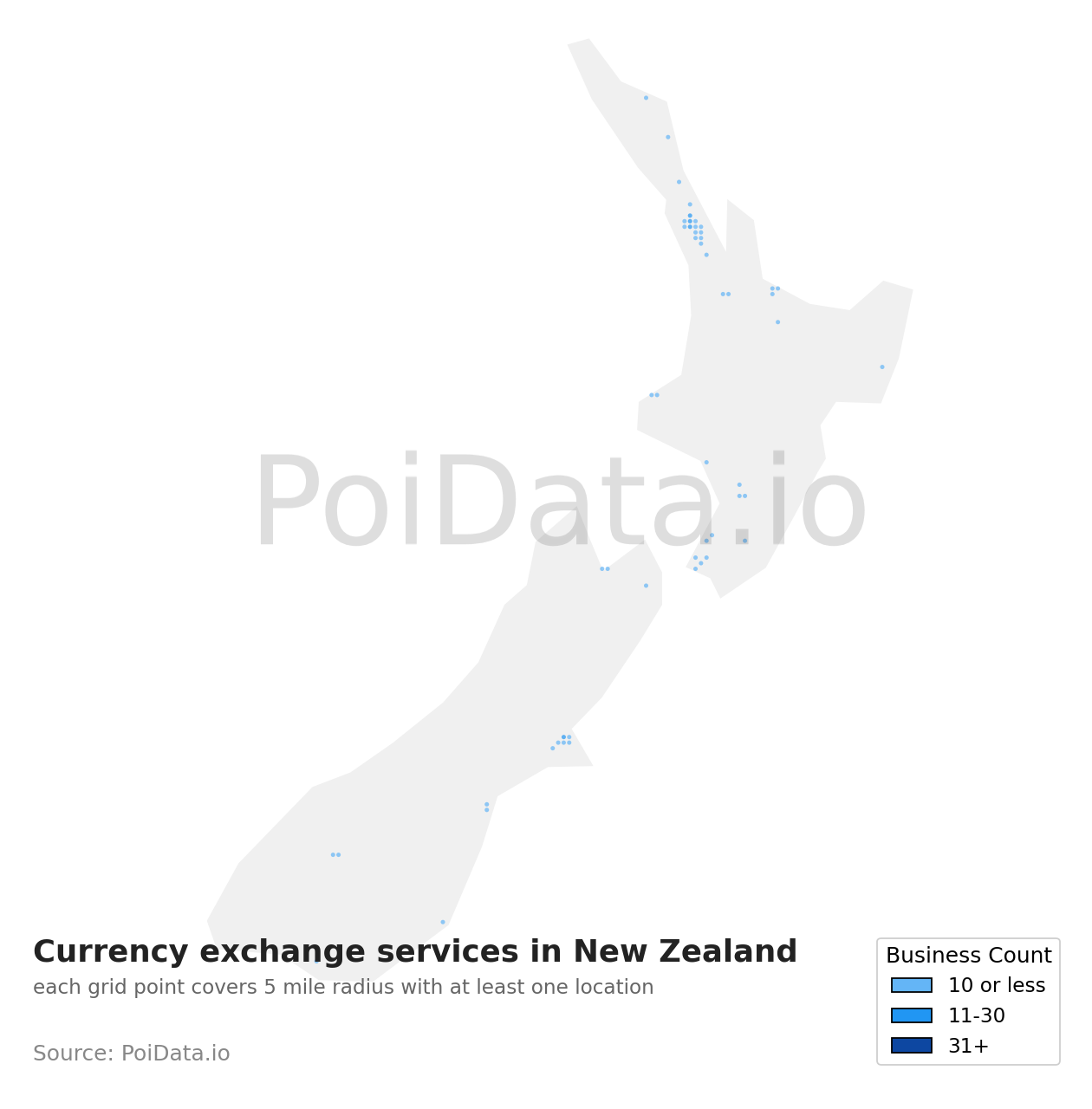 Currency exchange service density map for New Zealand