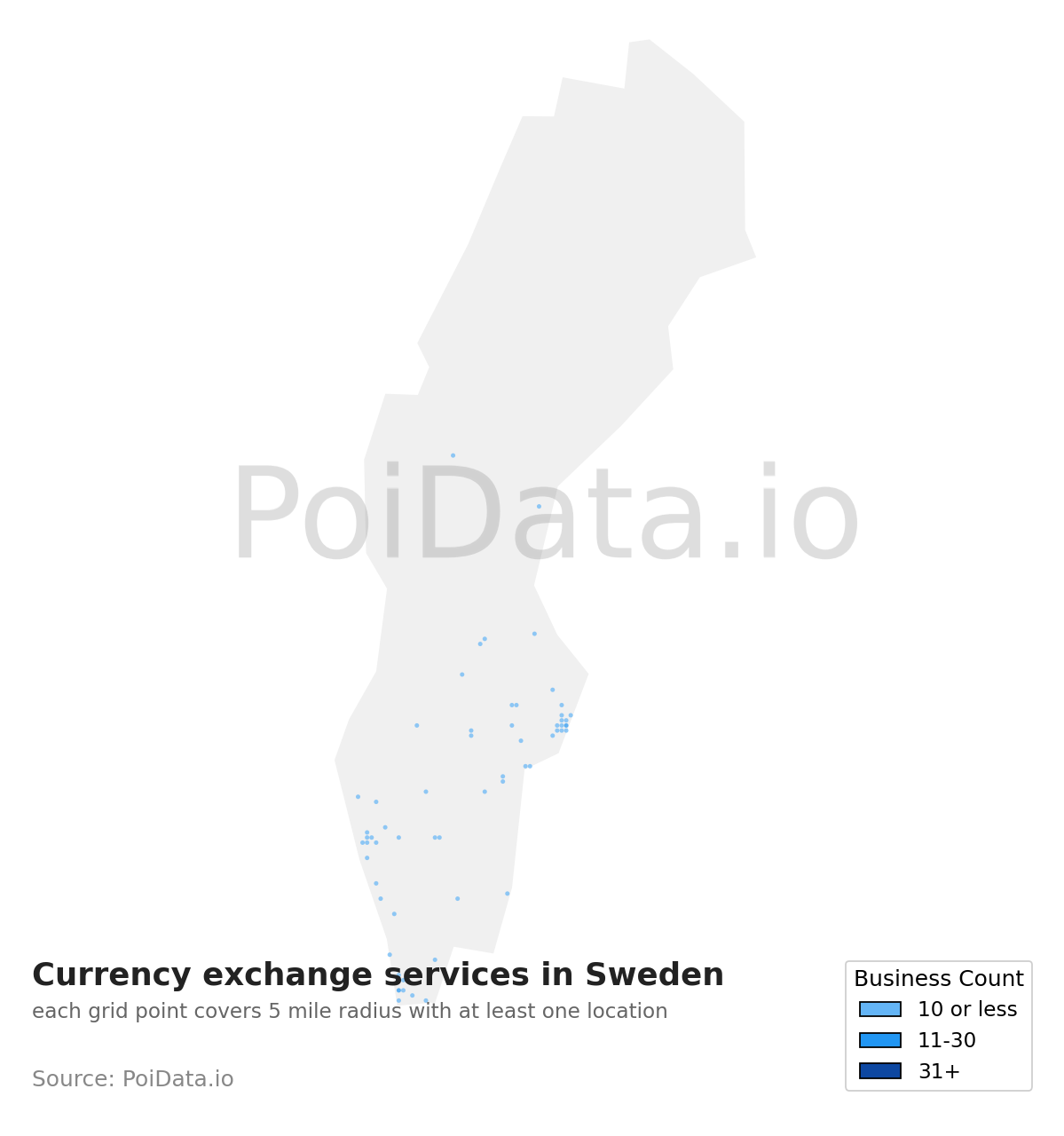 Currency exchange service density map for Sweden