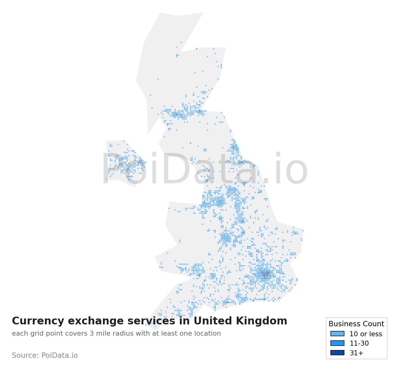 Currency exchange service density map for United Kingdom