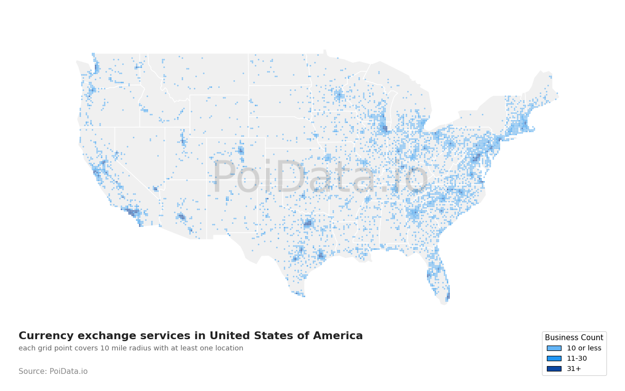Currency exchange service density map for North Carolina, United States