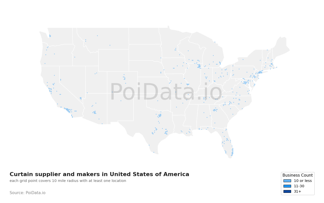 Curtain supplier and maker density map for United States