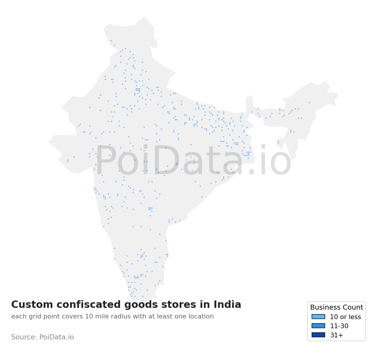 Custom confiscated goods store density map for India