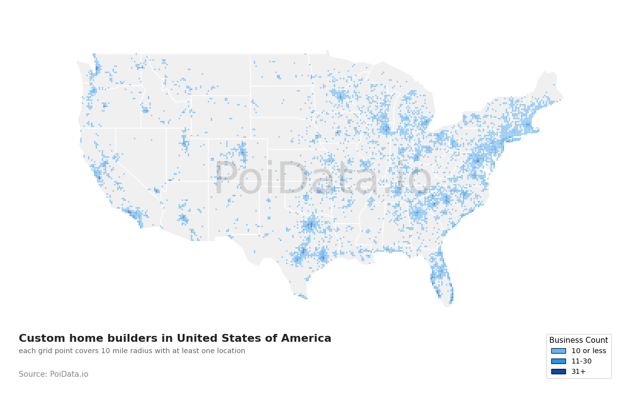 Custom home builder density map for Massachusetts, United States