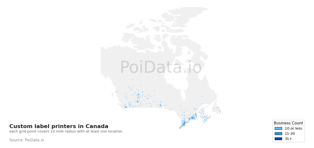 Custom label printer density map for British Columbia, Canada