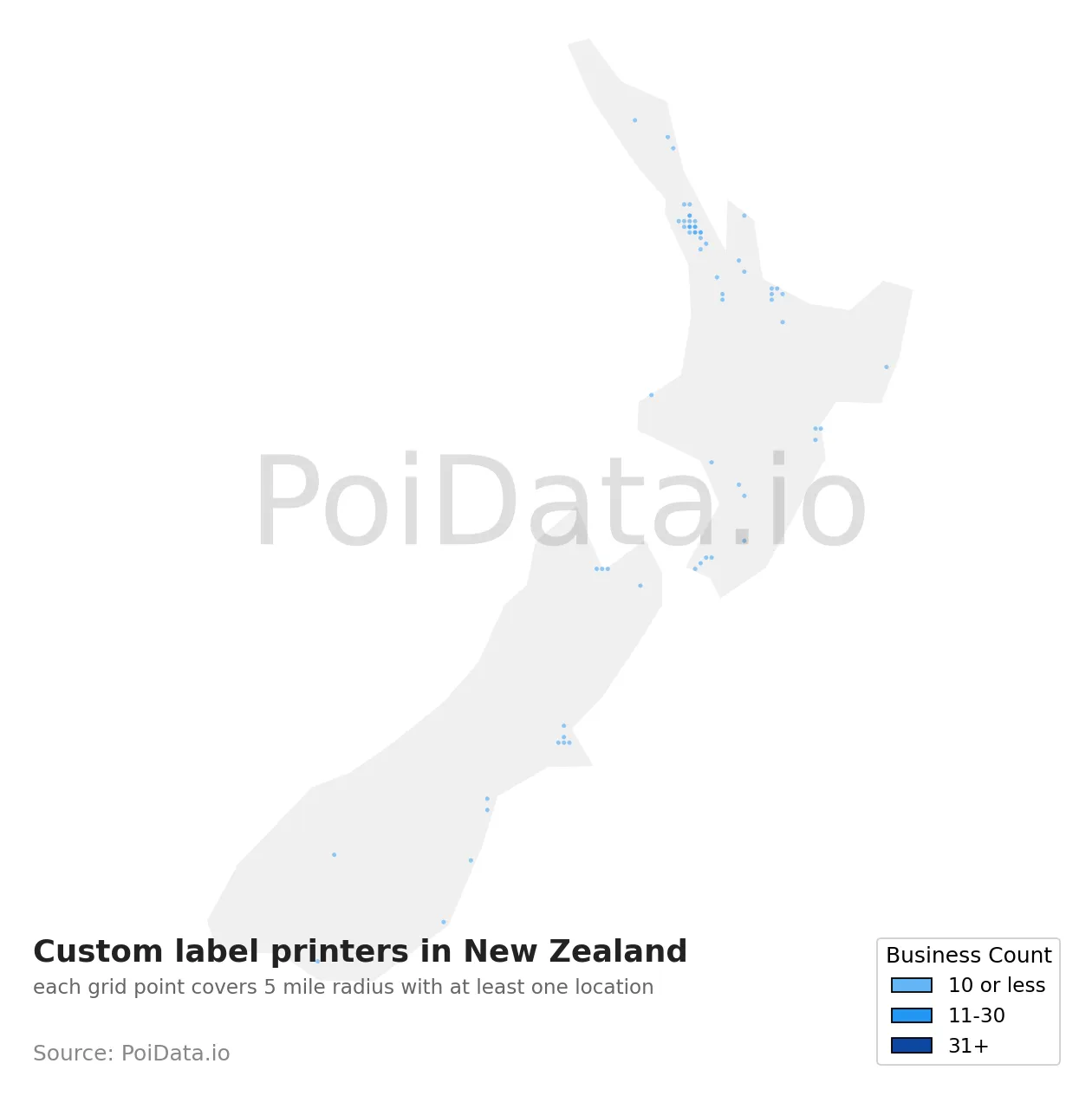 Custom label printer density map for New Zealand