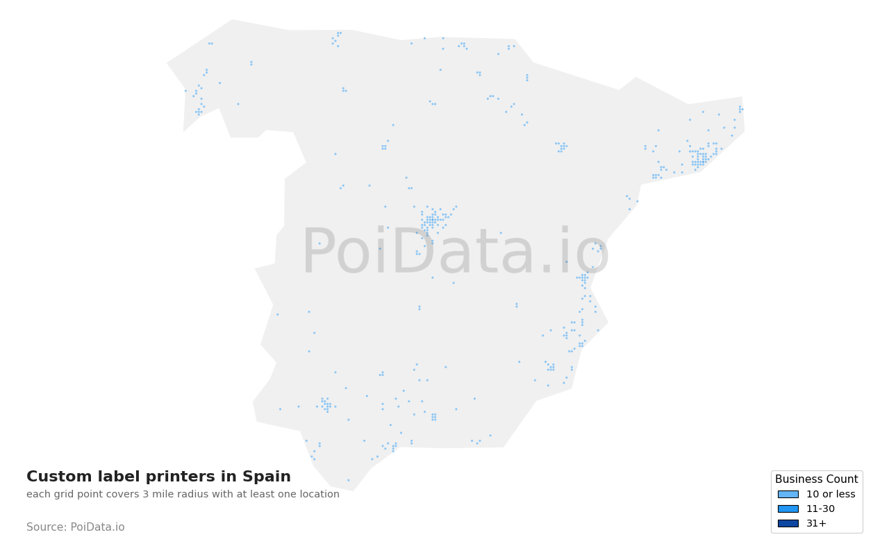 Custom label printer density map for Spain