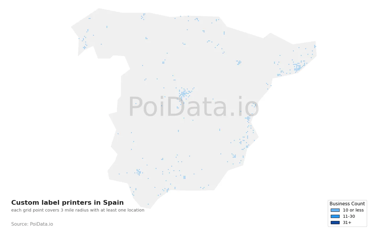 Custom label printer density map for Spain