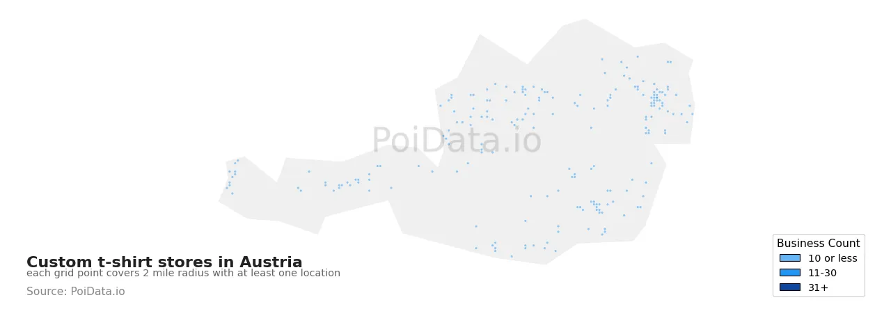 Custom t-shirt store density map for Austria