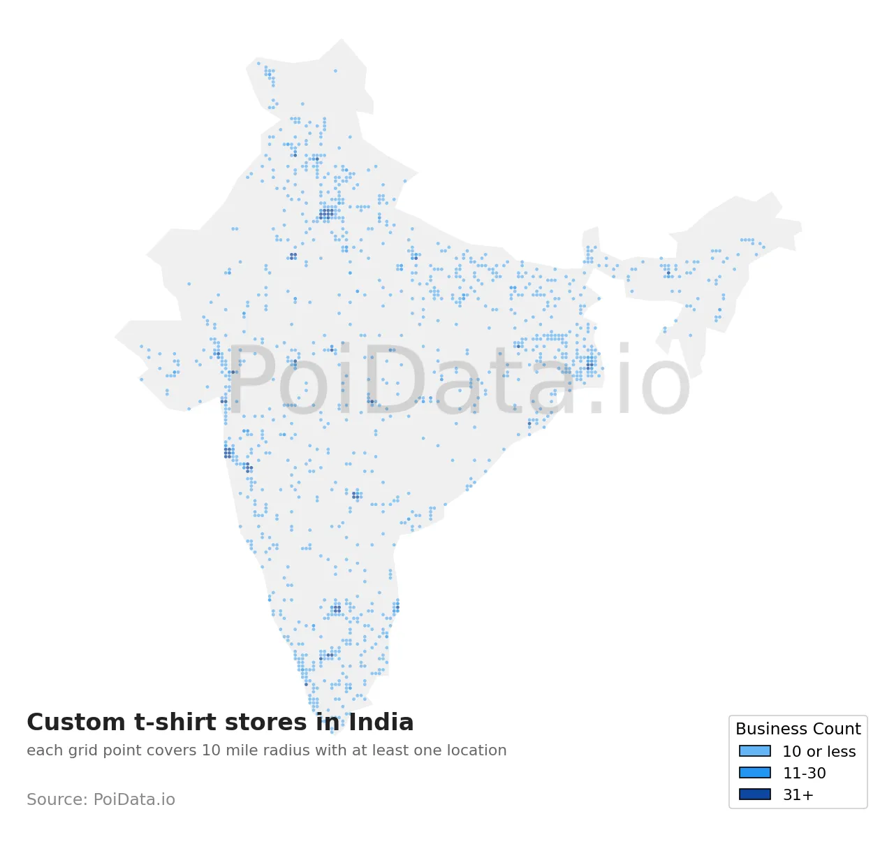 Custom t-shirt store density map for India