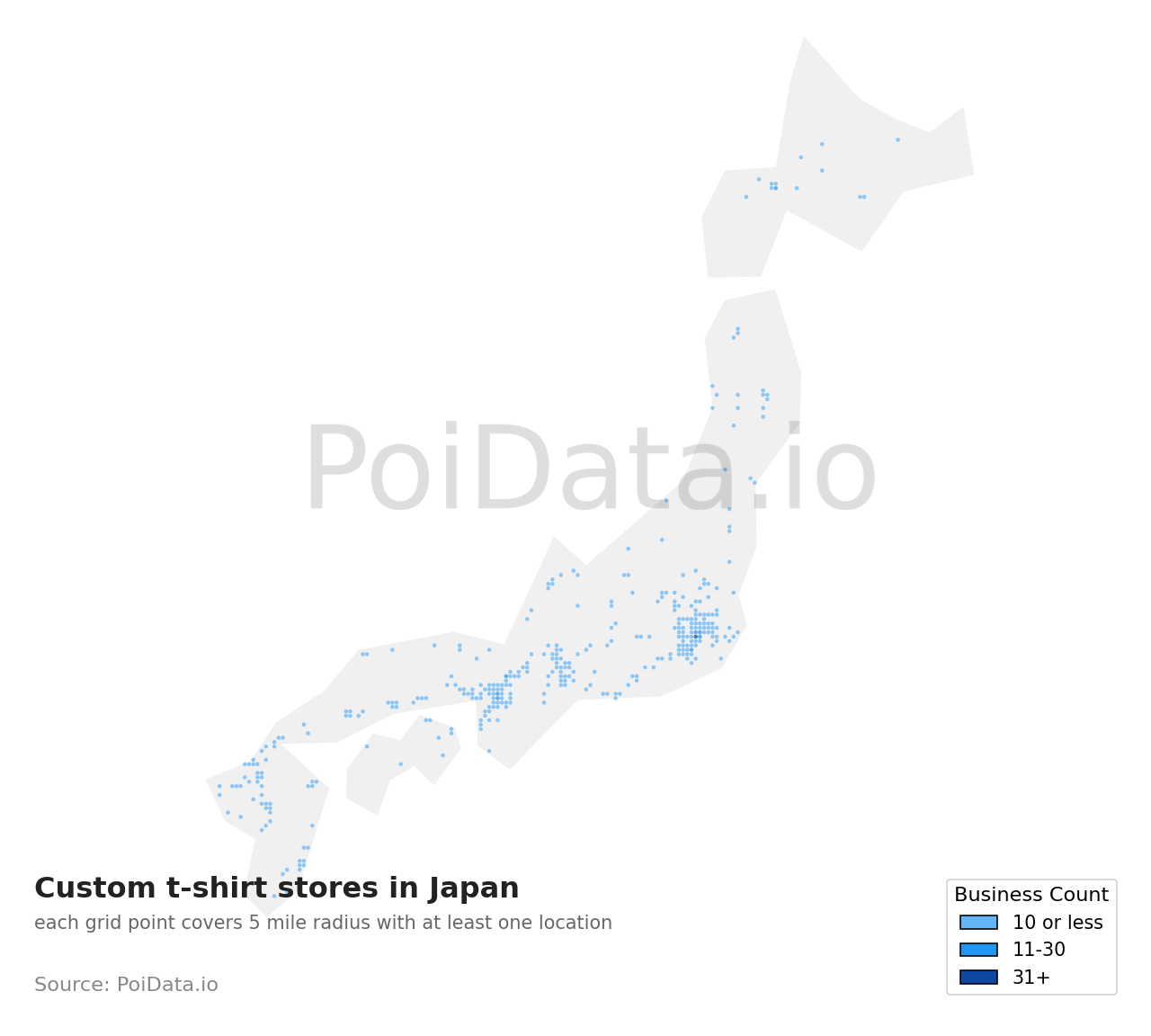 Custom t-shirt store density map for Japan