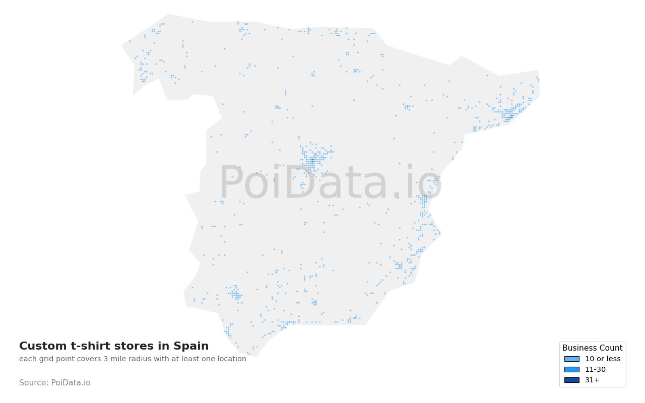 Custom t-shirt store density map for Spain