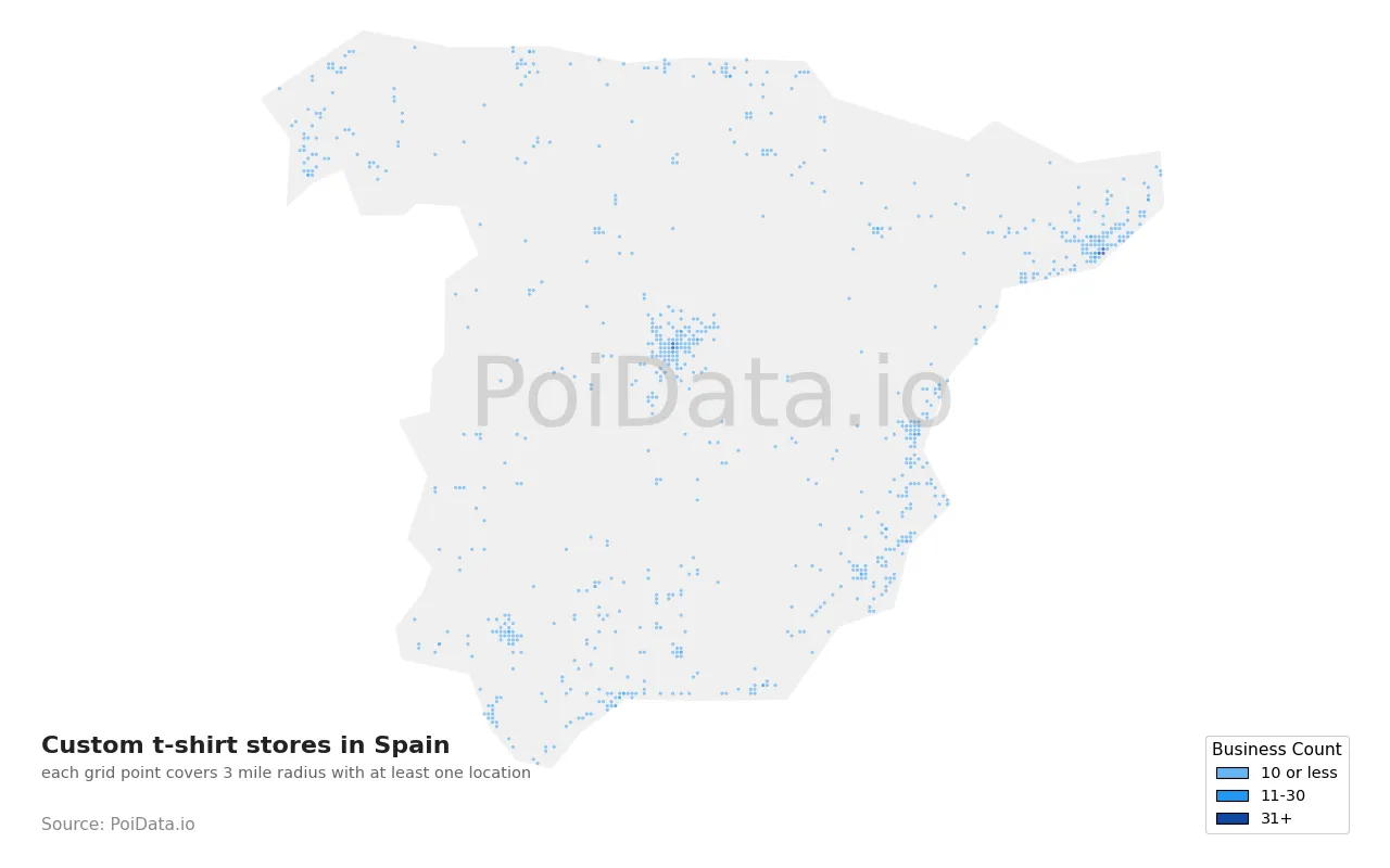 Custom t-shirt store density map for Spain