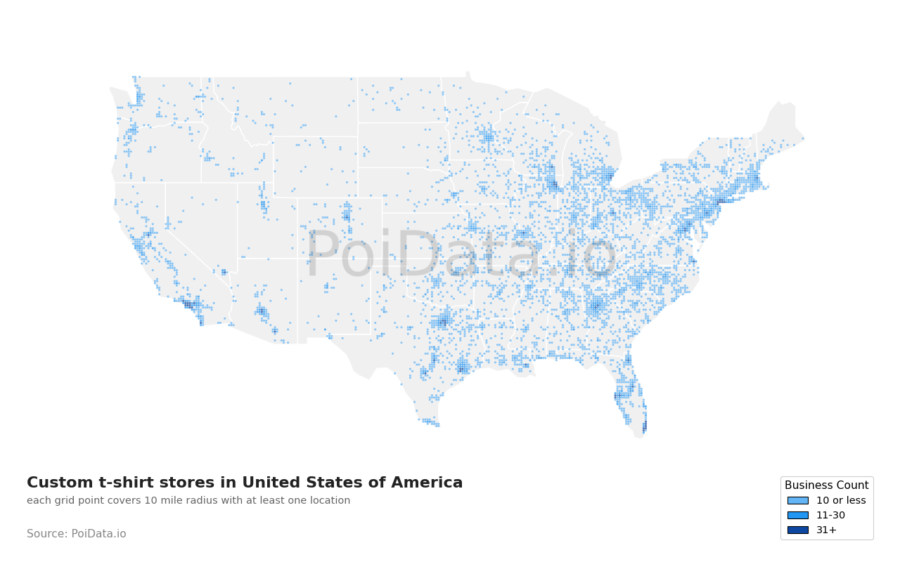 Custom t-shirt store density map for United States