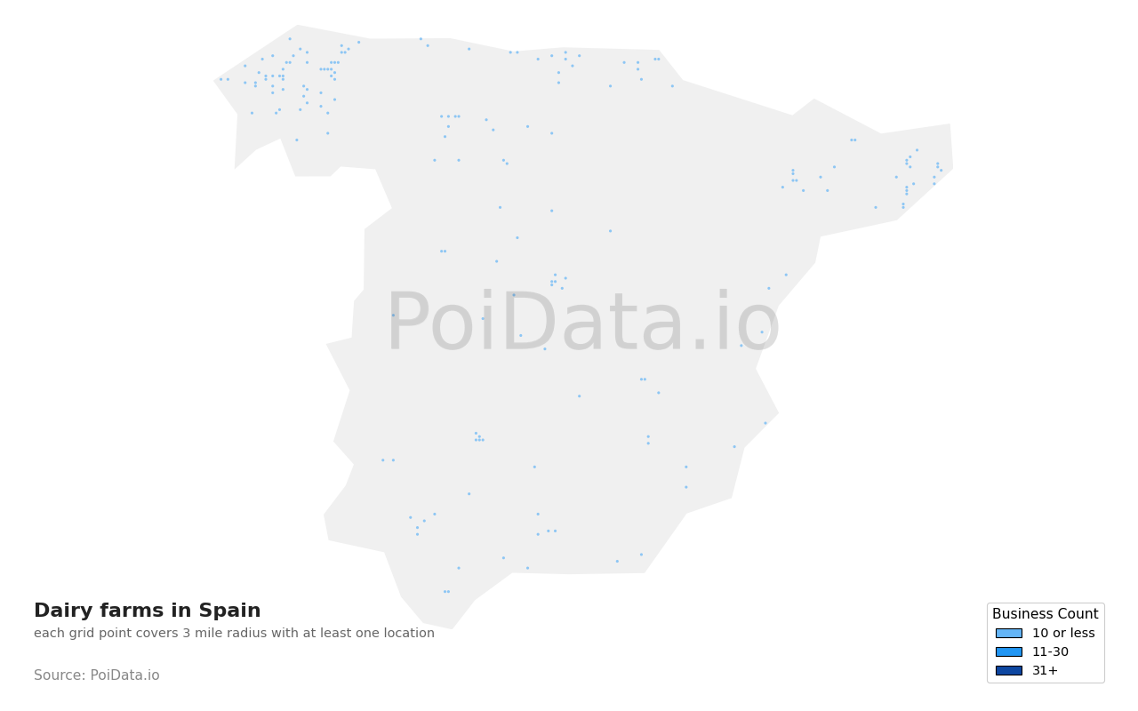 Dairy farm density map for Spain