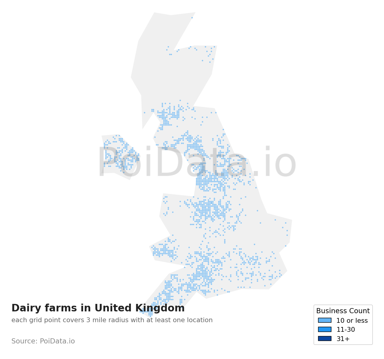 Dairy farm density map for United Kingdom