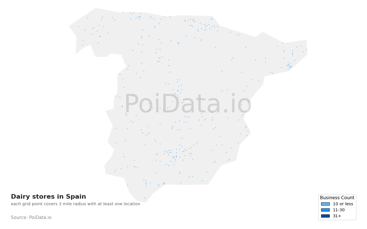 Dairy store density map for Spain