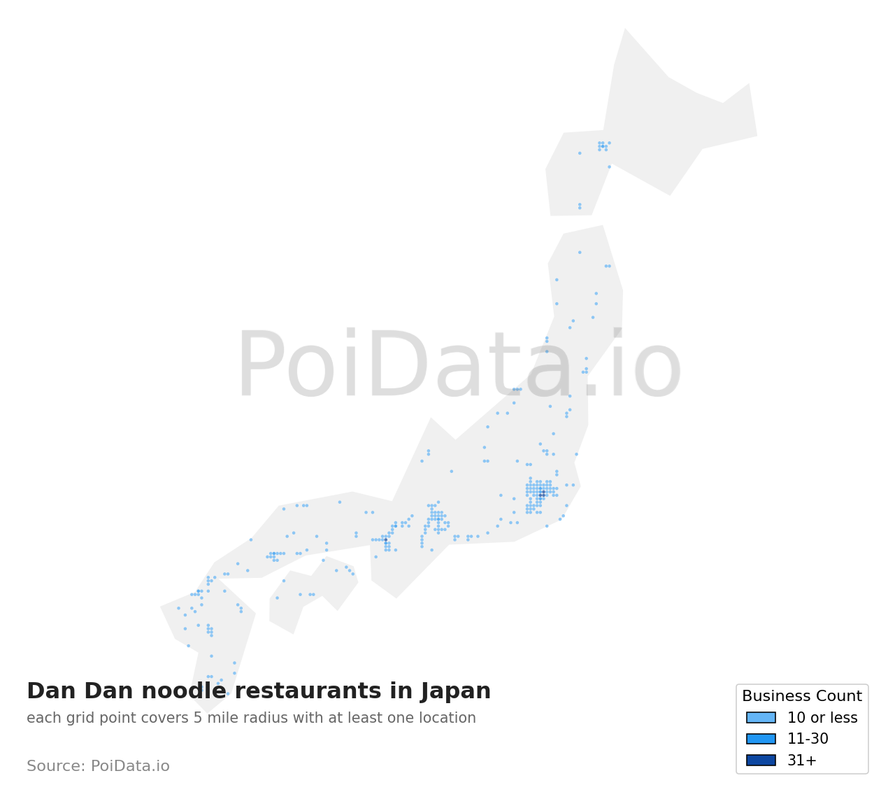 Dan Dan noodle restaurant density map for Hyogo, Japan