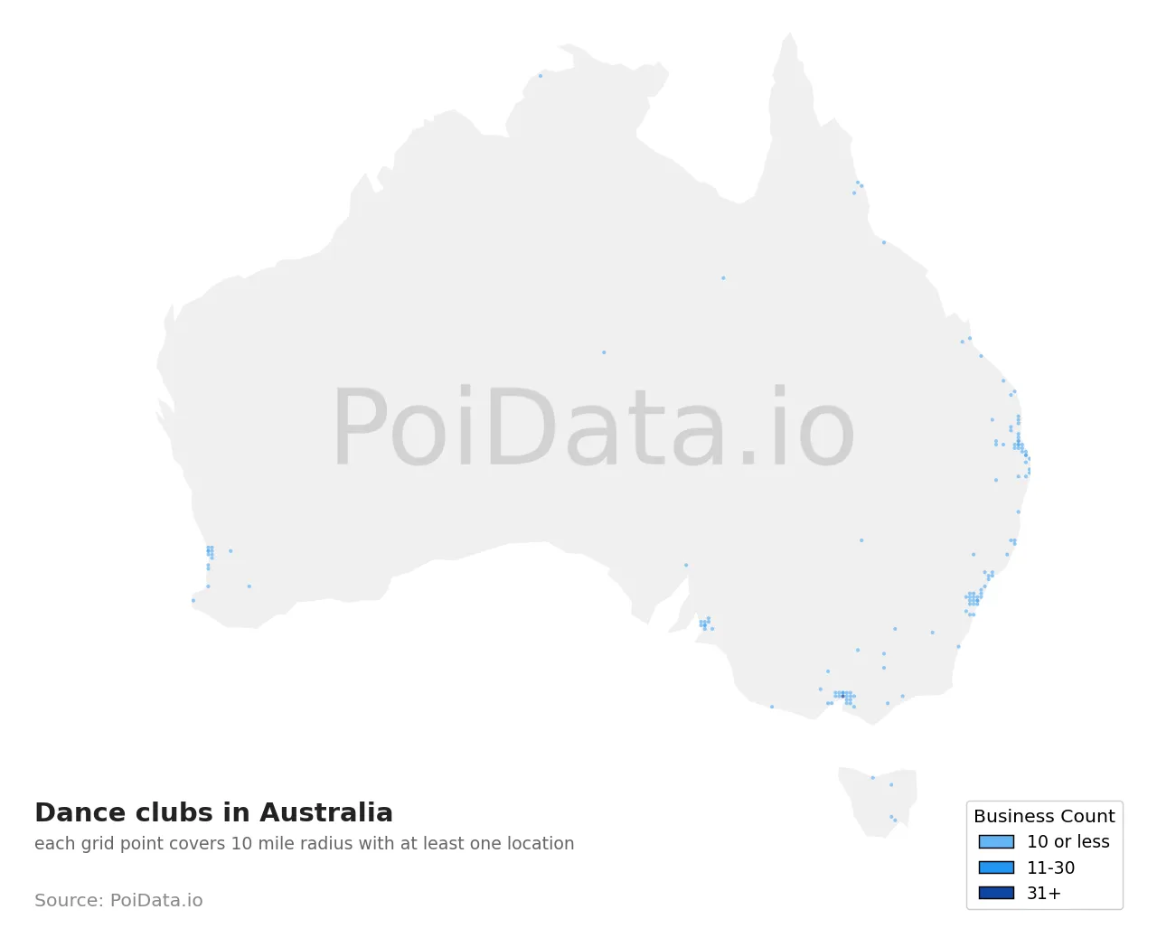 Dance club density map for Australia
