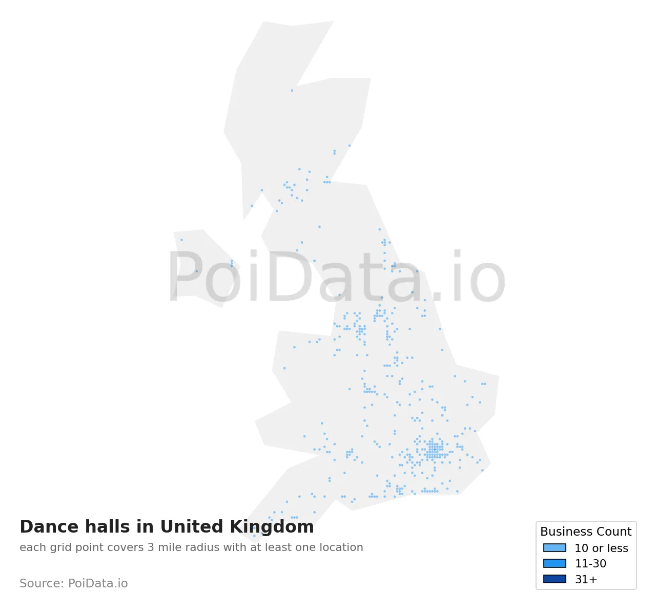 Dance hall density map for United Kingdom
