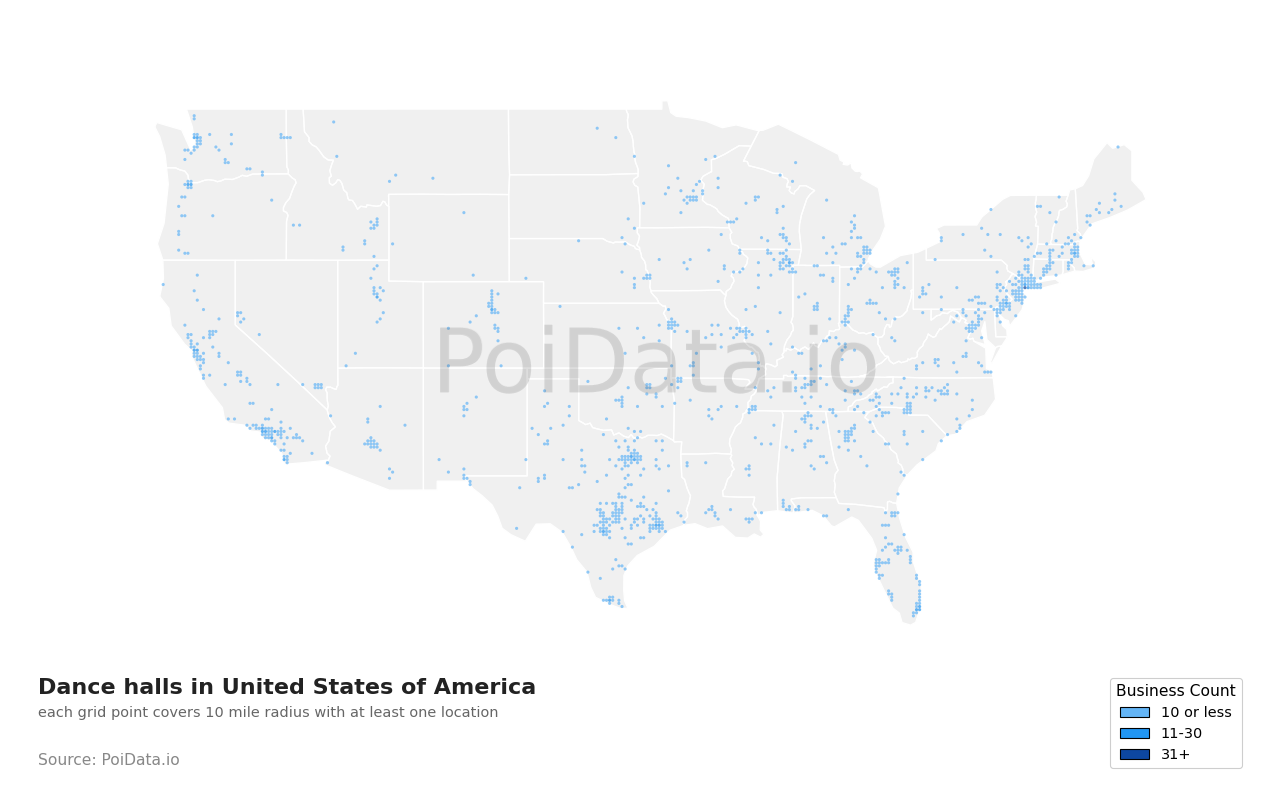 Dance hall density map for Texas, United States