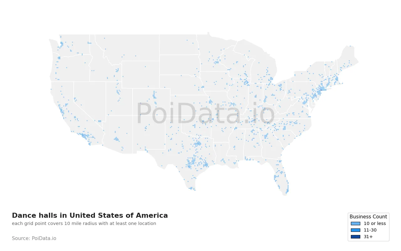 Dance hall density map for United States