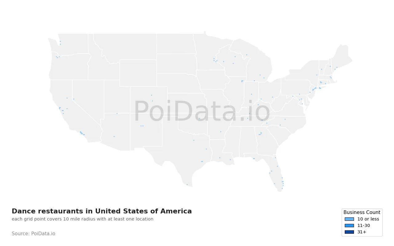 Dance restaurant density map for United States