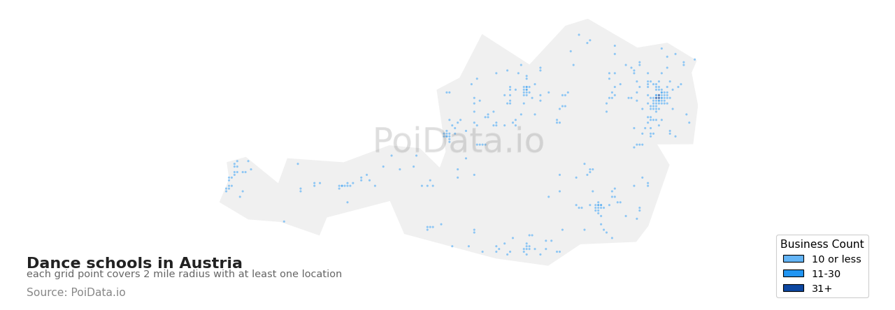 Dance school density map for Austria