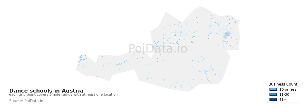 Dance school density map for Austria