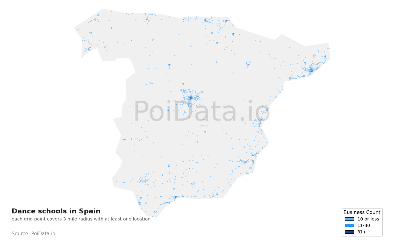 Dance school density map for Spain
