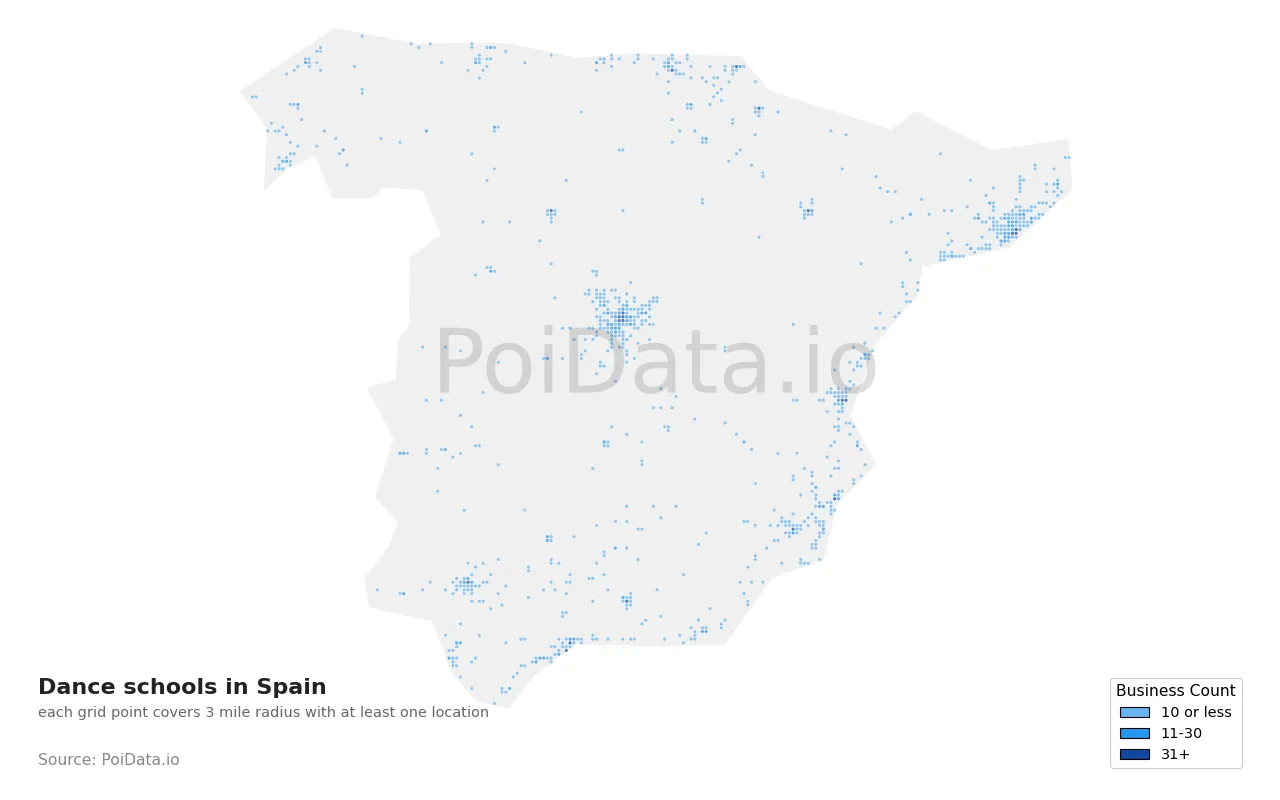 Dance school density map for Spain