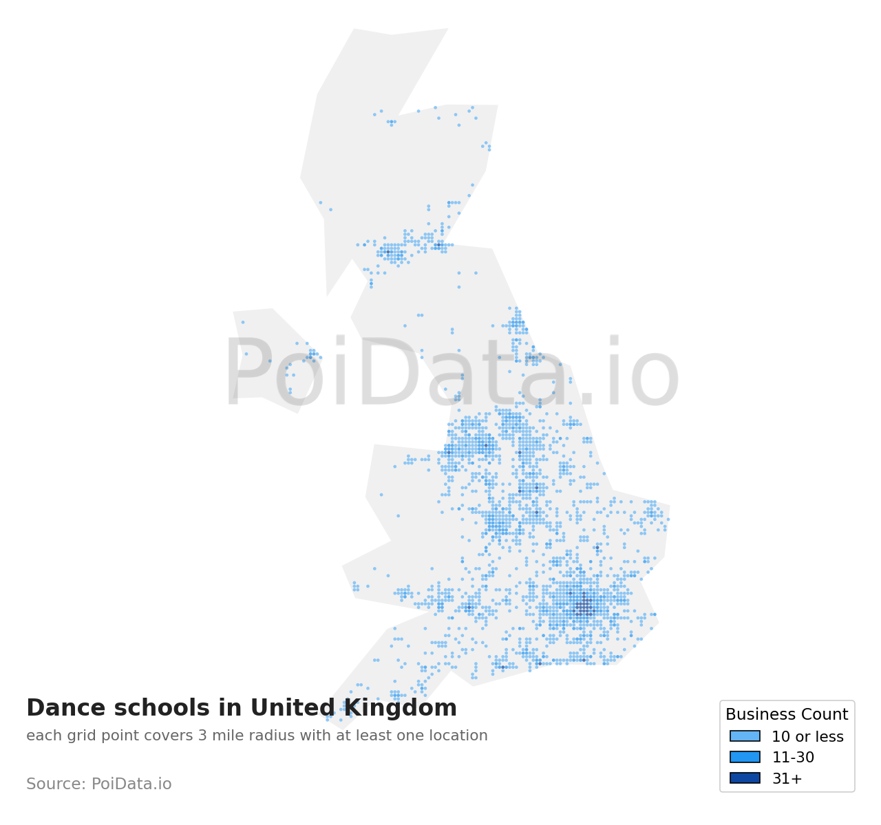 Dance school density map for United Kingdom