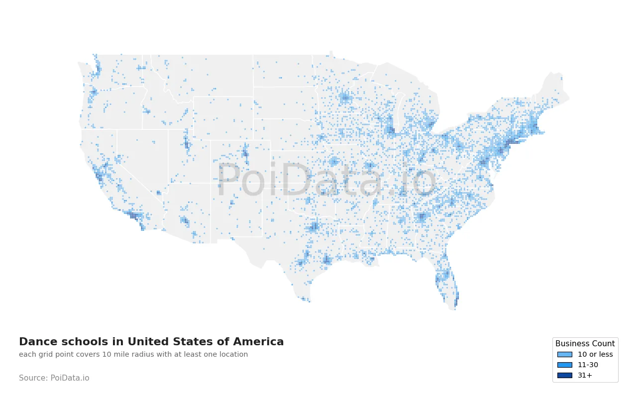 Dance school density map for United States