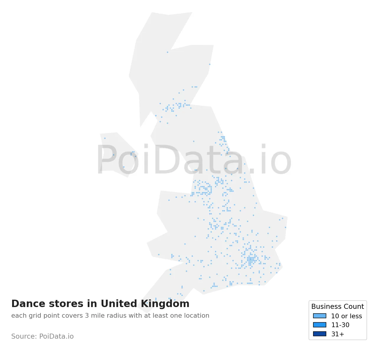 Dance store density map for United Kingdom