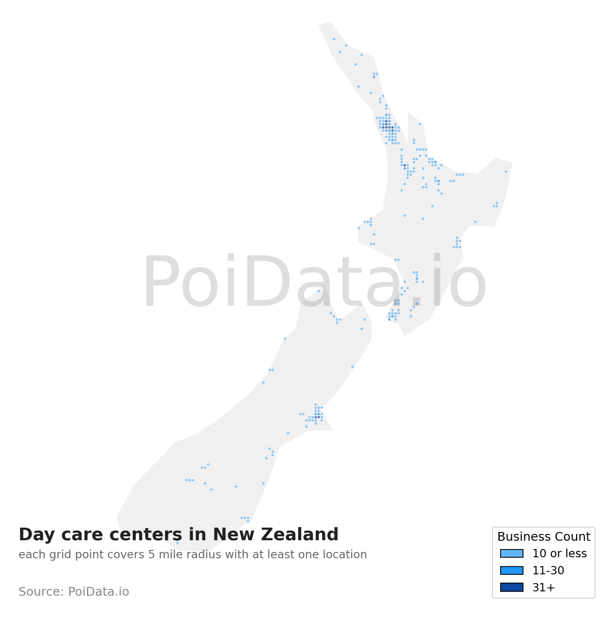 Day care center density map for New Zealand