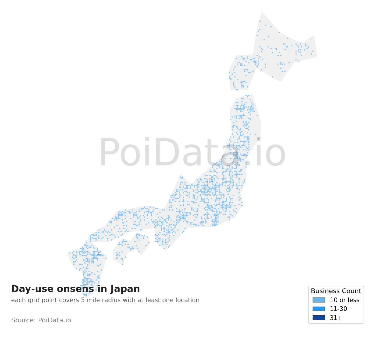 Day-use onsen density map for Japan