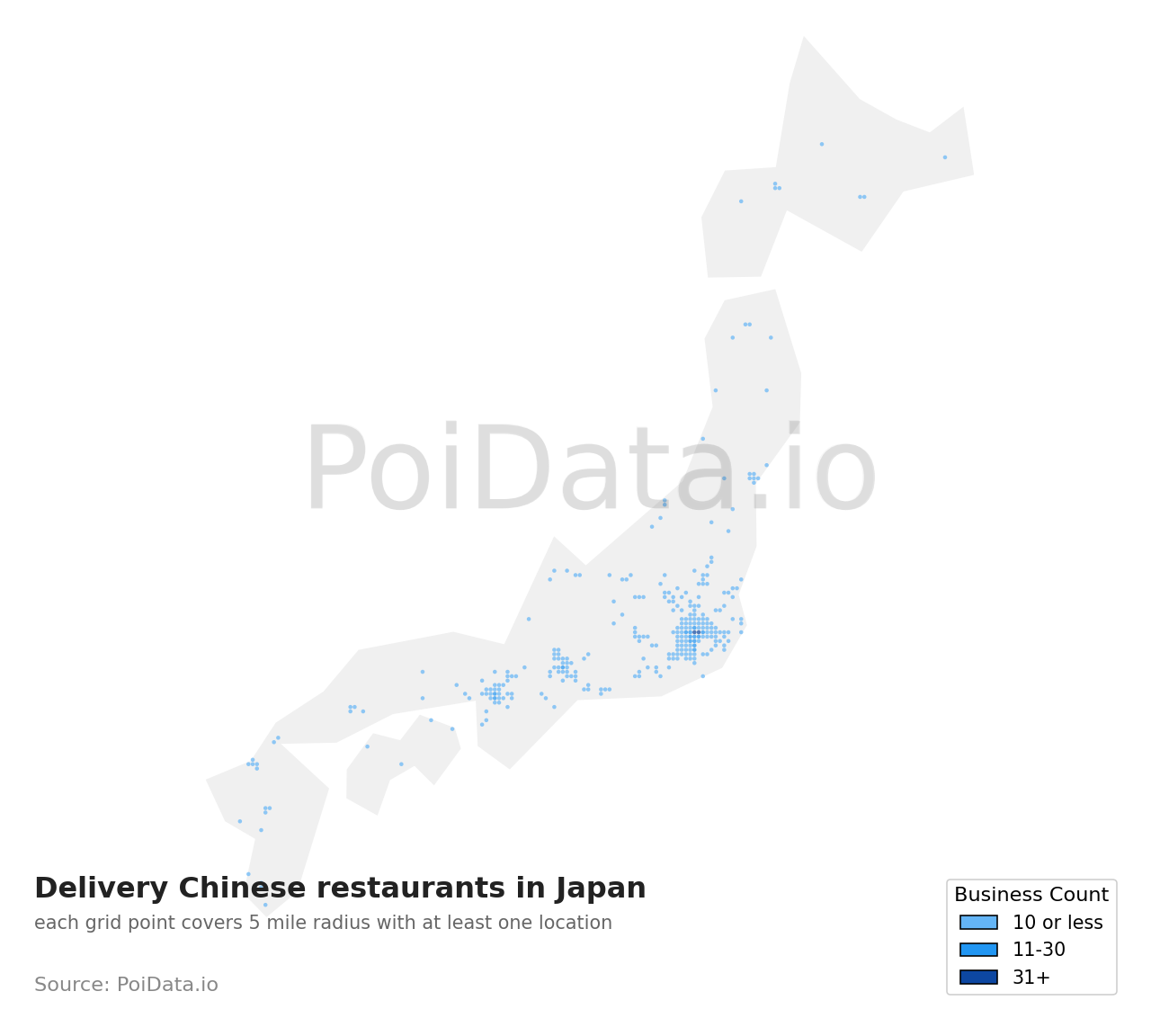 Delivery Chinese restaurant density map for Japan