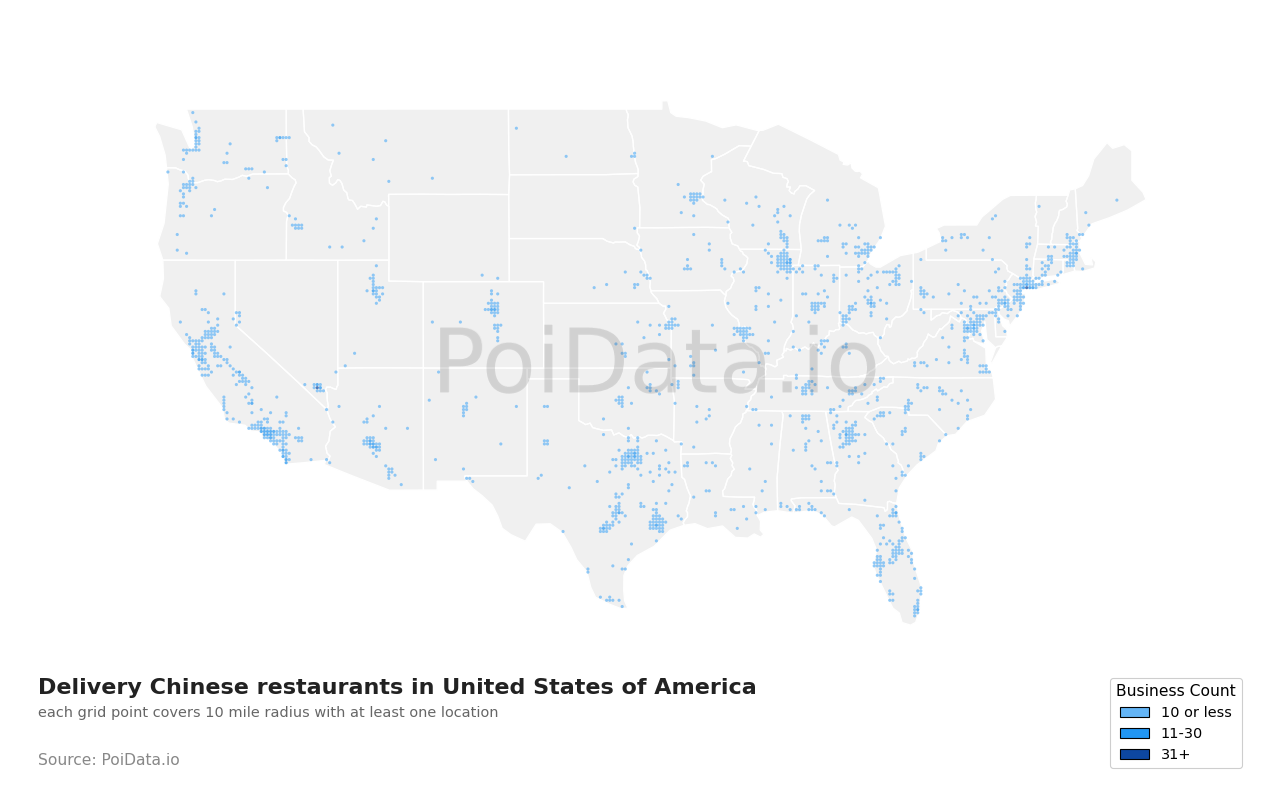 Delivery Chinese restaurant density map for North Carolina, United States