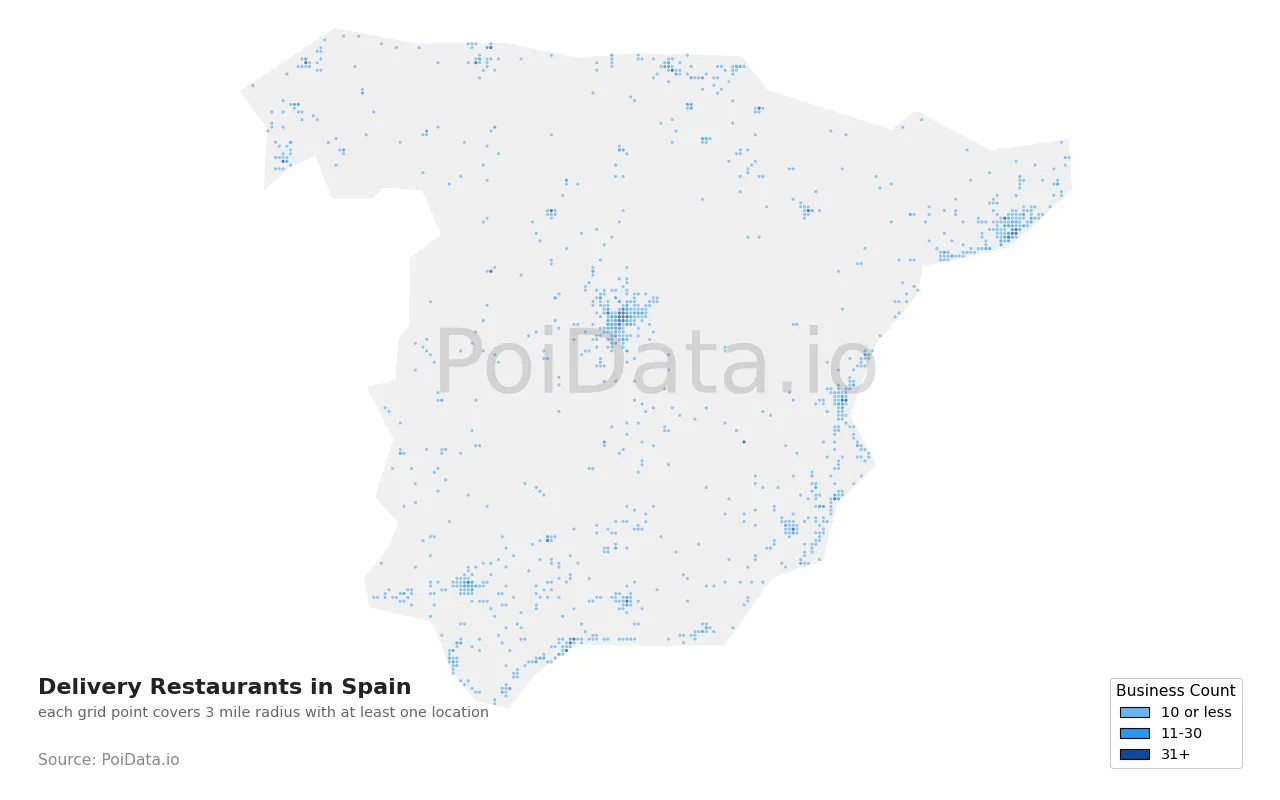 Delivery Restaurant density map for Spain