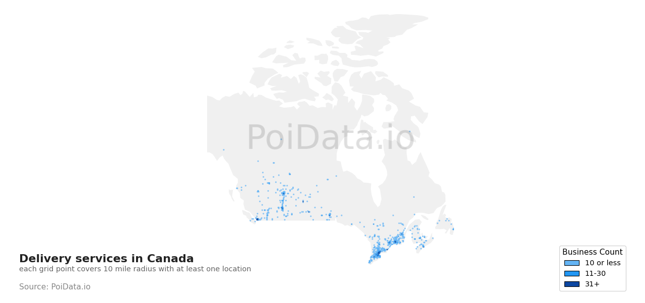 Delivery service density map for Manitoba, Canada