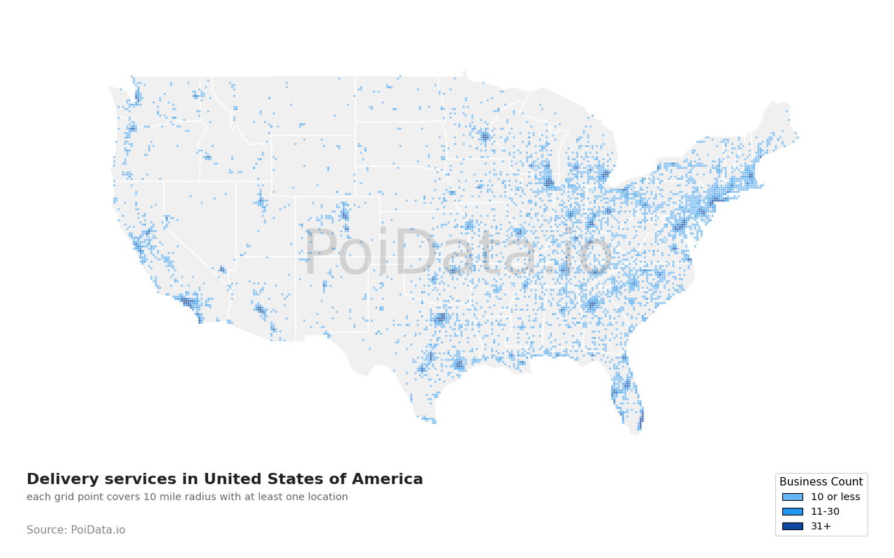 Delivery service density map for United States