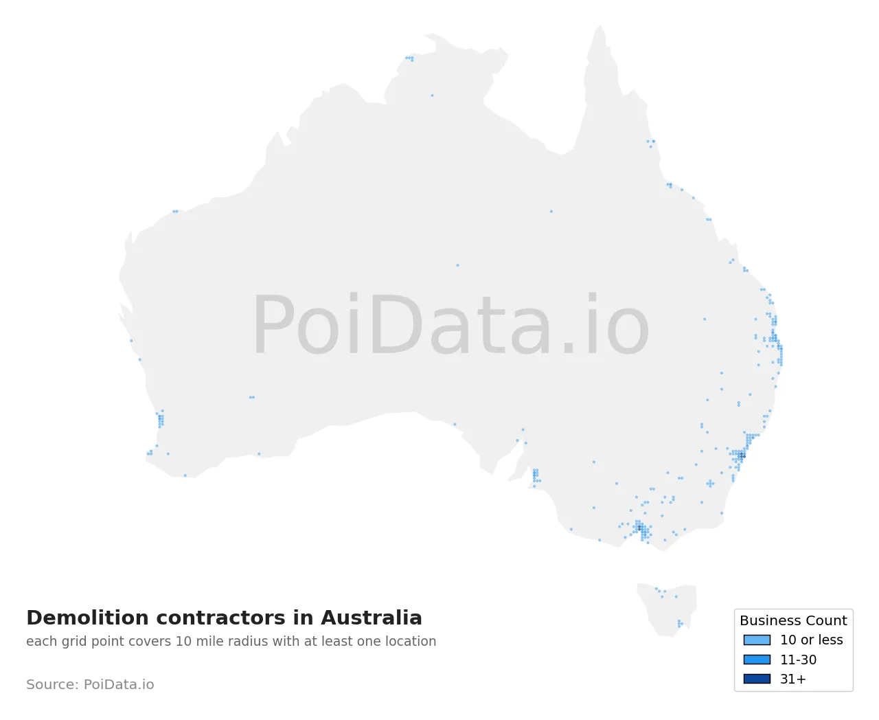 Demolition contractor density map for Australia